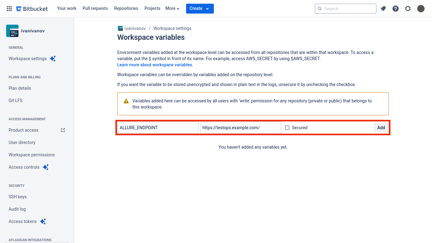 Переменная «ALLURE_ENDPOINT» может быть установлена на уровне рабочего пространства Bitbucket.
