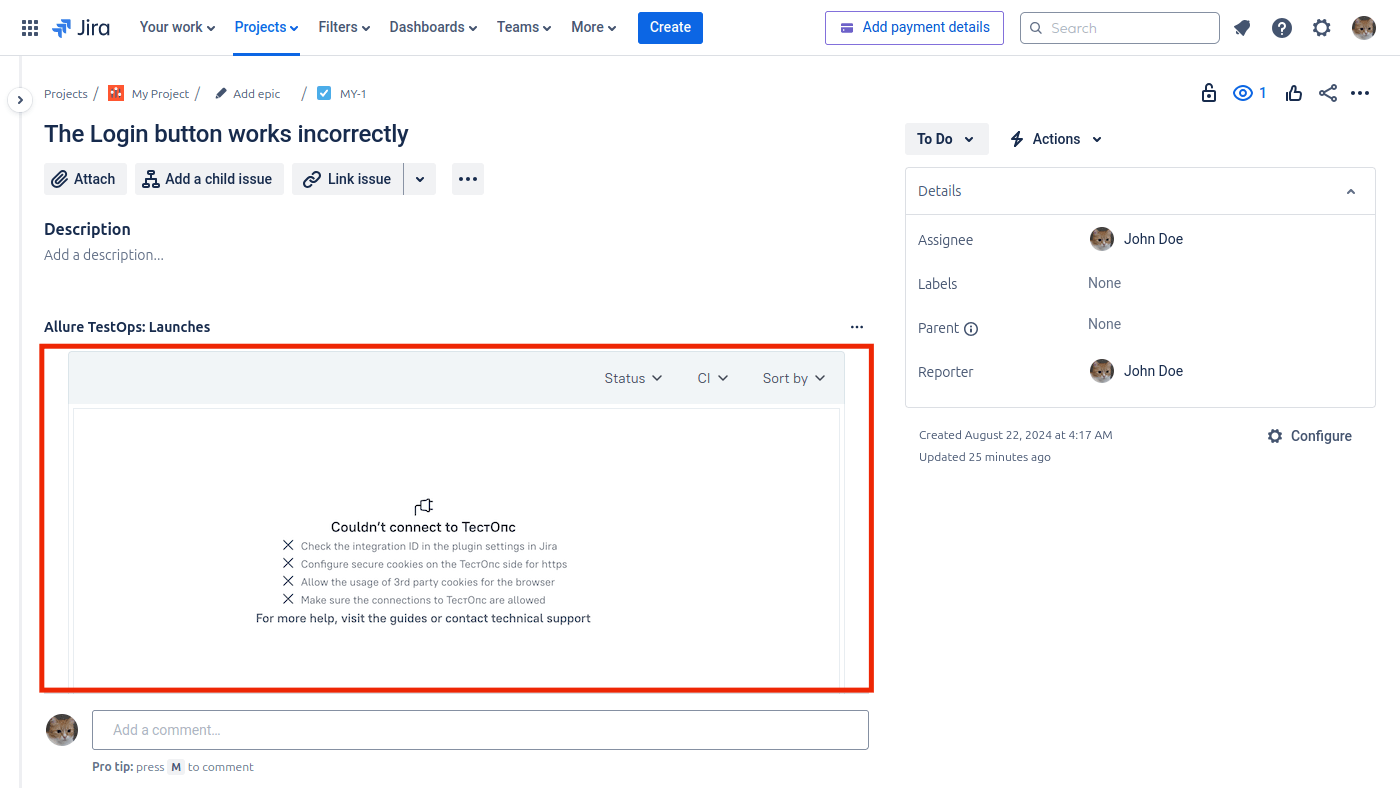 В iFrame отображается сообщение «Couldn't connect to ТестОпс».