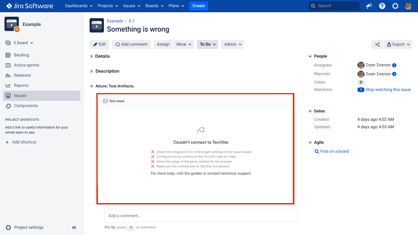 В iFrame отображается сообщение «Couldn't connect to ТестОпс».