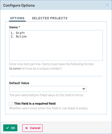 Окно «Configure Options» позволяет ввести несколько статусов с их ID.