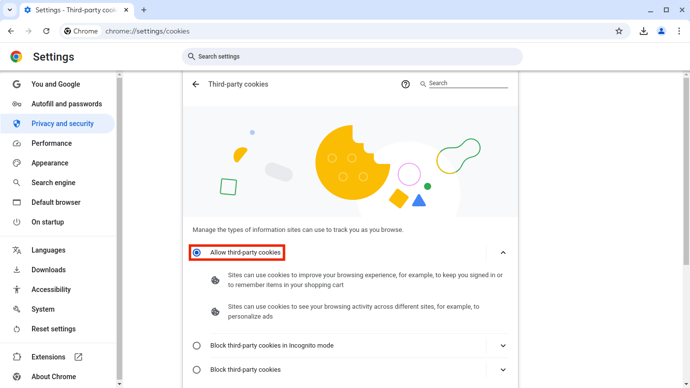 Опция «Allow third-party cookies» находится в разделе «Privacy and security».
